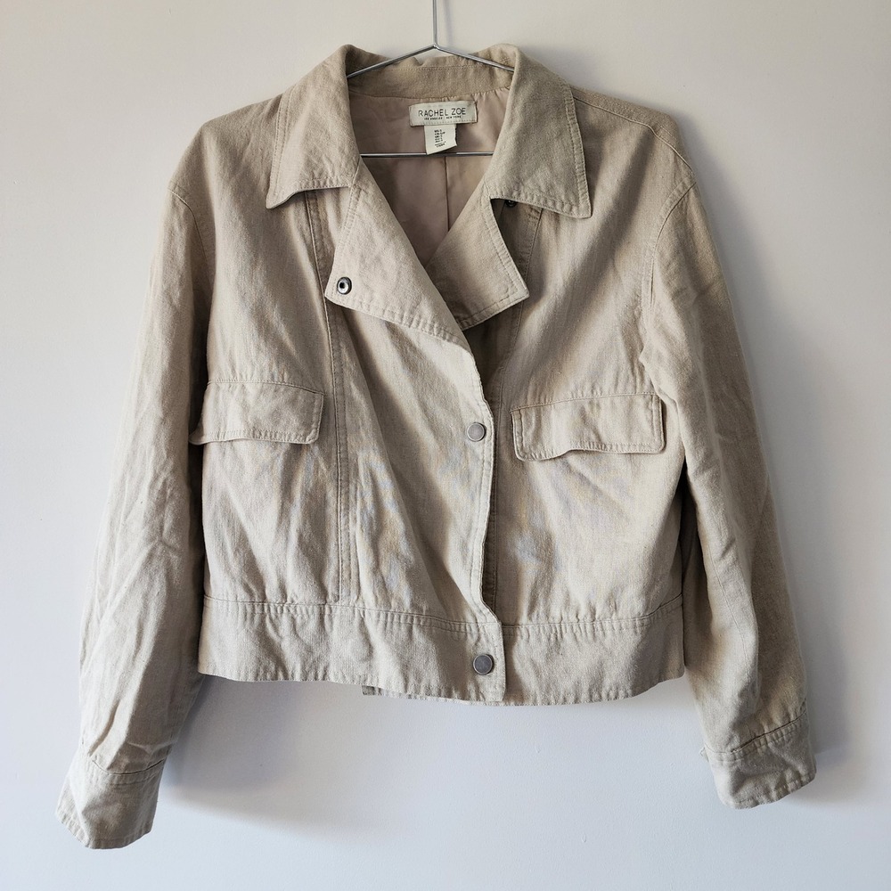 Rachel Zoe Moto Jacket Women S Beige Linen Blend Cropped Utility Chic Neutral